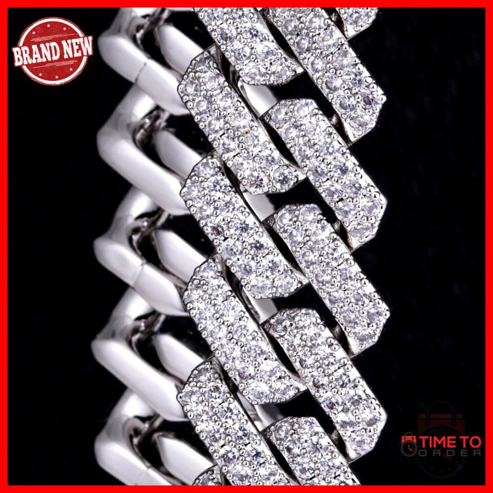 12mm Gold Plated Cuban Link Chain Bracelet with Prong-Setting Diamonds - Picture 7 of 7